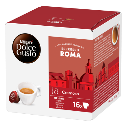Front view of Espresso Roma (16 pods) box