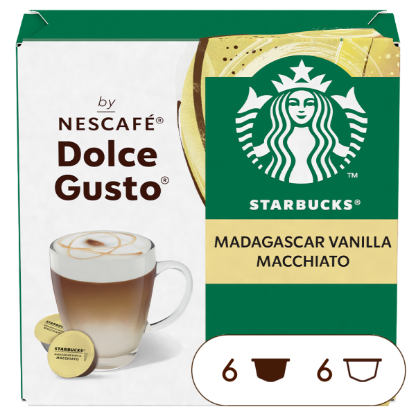 Front view of Starbucks Madagascar Vanilla Macchiato (12 pods) box